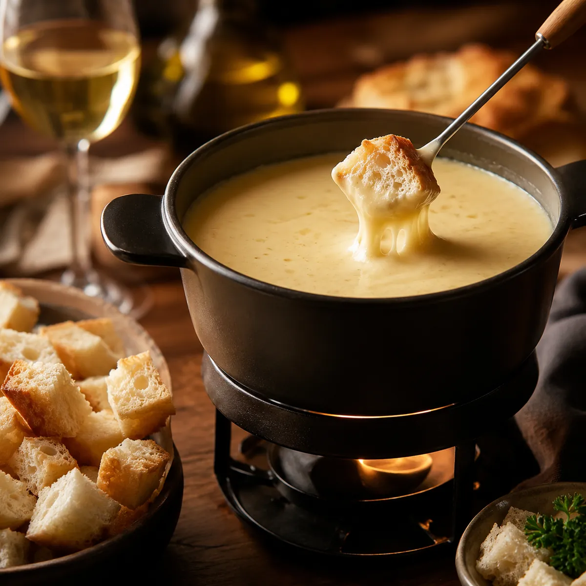 Fondue de Queijo Cremoso com Pão Italiano