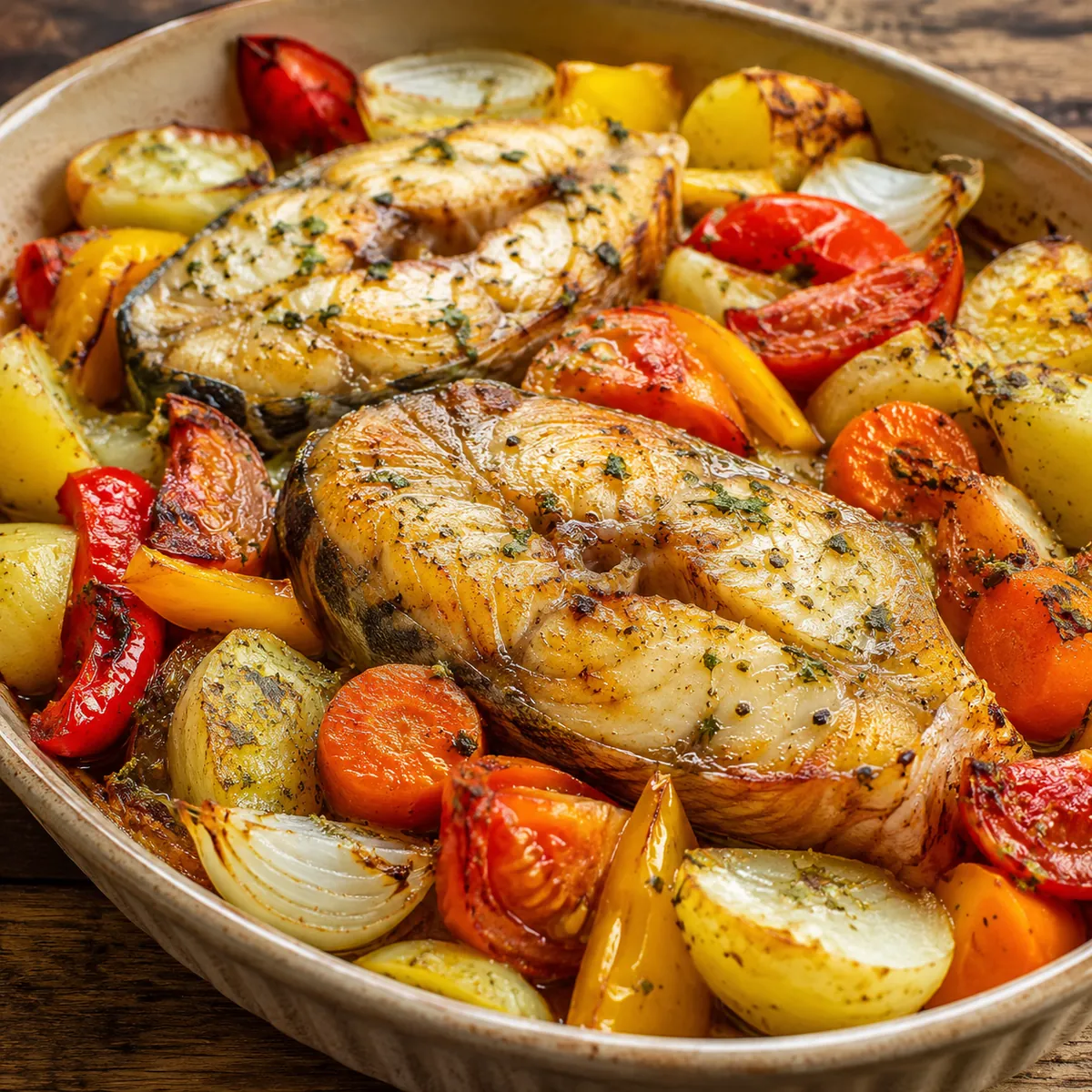 Postas de Peixe ao Forno com Legumes